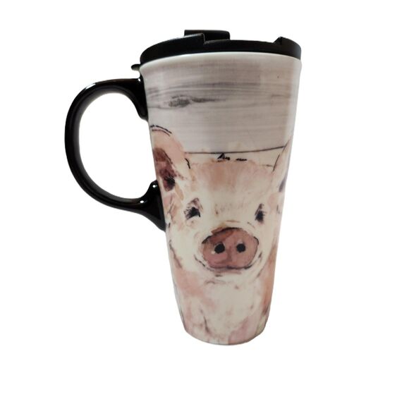 Piggy Ceramic Travel Mug – Cypress Home, Farm Animal Coffee Cup - Picture 1 of 8